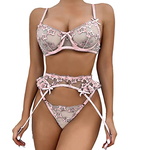 Aranmei Lingerie Set for Women 3 Piece Embroidered Bra and Panty Set with Ruffle Garter Belt Strappy Sexy Lingerie Set with Thigh - M - Pink
