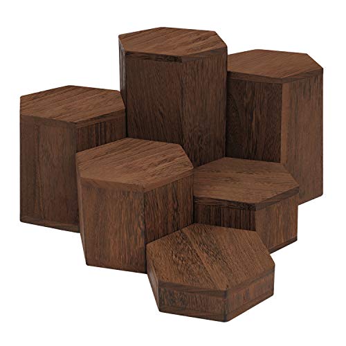 BELLE VOUS 6 Pack Wooden Hexagon Display Risers - Wood Showcase Stands for Shelves and Countertops - Step Plinths for Jewellery, Retail, Figures, Cupcakes and Desserts - Wood
