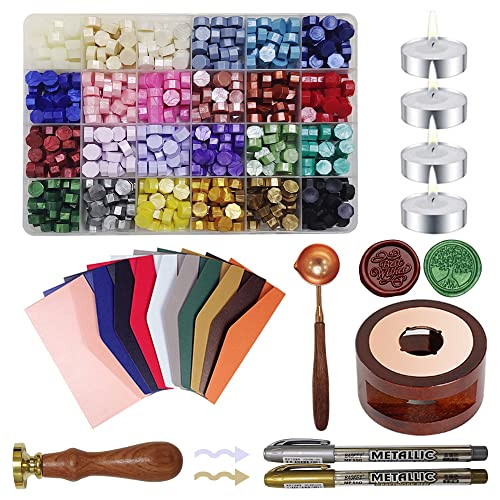 Jaragar Wax Seal Stamp Kit, All-in-one DIY Wax Seal Set Include 24 Colors Wax Seal Beads Wax Warmer Wax Stamp and Metallic Pen for Gifts, Letters, Crafts, Wedding Invitation and Decoration Sealing - Style 1