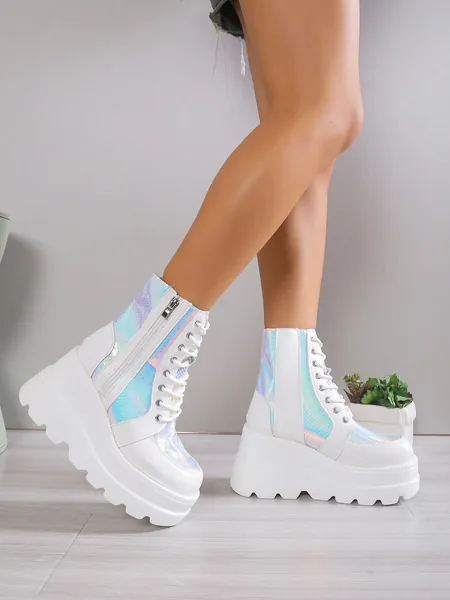 ROMWE Grunge Punk Mujer holográfico con cordón delantero con cremallera lateral Botas de cuña , miedoso exterior Botas