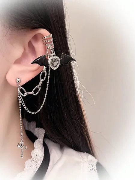 ROMWE Goth 1 pieza Arete moda aleación de zinc murciélago ala & con adorno de corazón para mujeres para decoración diaria