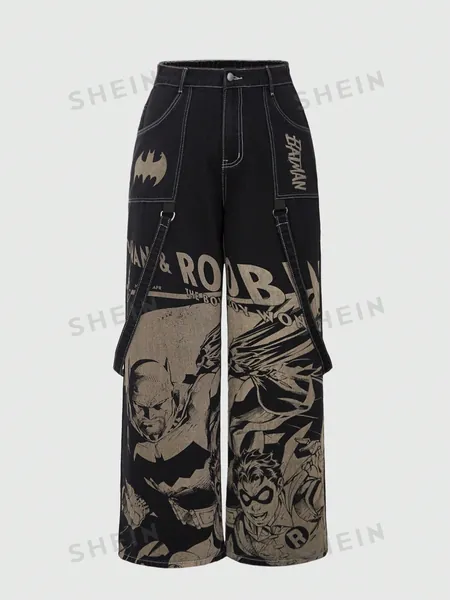 Batman X ROMWE Jeans De Pierna Ancha Con Figura De Dibujos Animados Para Tallas Grandes