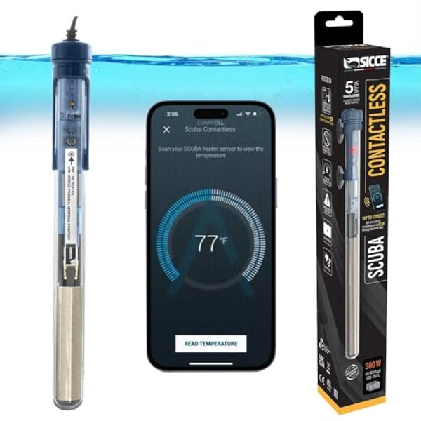 Sicce Scuba 300 Watt Contactless App Adjustable Aquarium Fish Tank Heater Smartphone Controlled via NFC | 300W Submersible for Marine Saltwater and Freshwater | Run Dry Protection