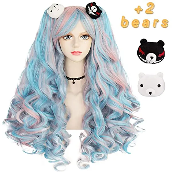 Anogol Hair Cap+Pink Wig Light Blue Wig Costumes For Women With 2 Curly Ponytail Wig Long Curly Wig For Cosplay Wig For Halloween Costume Party For Women(Pink+Light Blue)