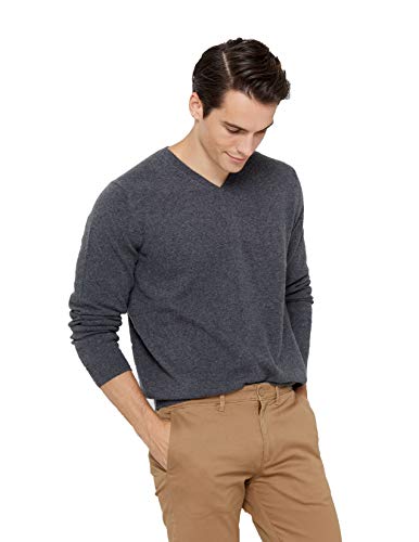 State Cashmere Men's Essential V-Neck Sweater 100% Pure Cashmere Classic Long Sleeve Pullover - Medium - City Smoke