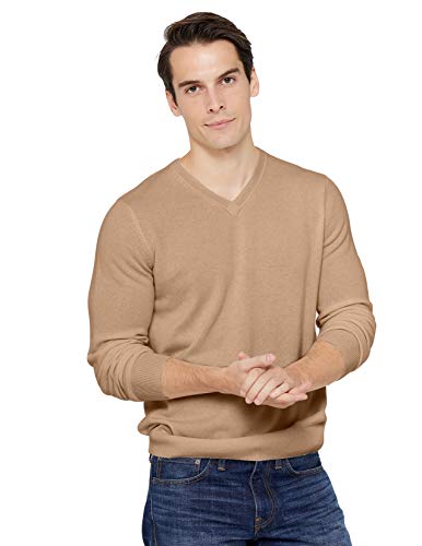 State Cashmere Men's Essential V-Neck Sweater 100% Pure Cashmere Classic Long Sleeve Pullover - Medium - Camel