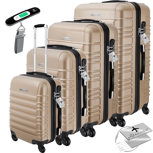 KESSER® 4tlg. Hartschalenkofferset Hard Shell Basic Hartschalenkoffer Trolley Koffer Reisekoffer Reisekofferset Gepäck Rollkoffer Schloss 4 Rollen ABS-Hartschale Teleskopgriff S-M-L-XL - Champagne