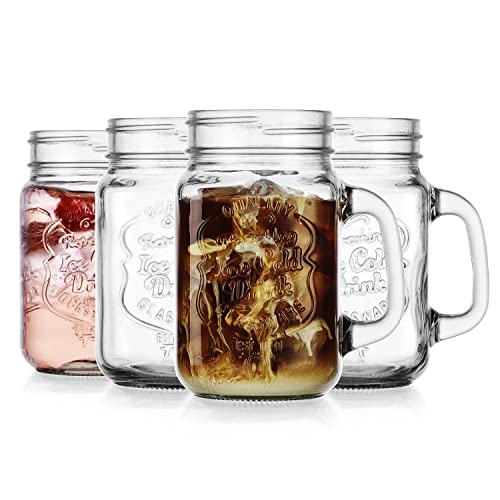 Glaver's Mason Drinking Jars – Set of 4, 16 Oz Clear Glass Jars – With Convenient Handle and Ice-Cold Embossed Logo – Ideal for Hot and Sunny Days – Perfect Glass Cups for Cold Drinks - 4 Count (Pack of 1)