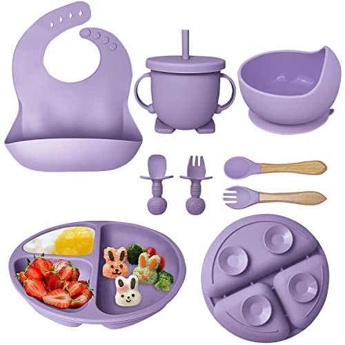 Hoidokly Baby Feeding Set, 8 Pcs Silicone Baby Led Weaning Supplies Includes Cup Baby Plate, Bowl, Adjustable Bib, Cup, Spoon and Fork,BPA Free Baby Weaning Utensils Set for 6+ Months-DeepPurple - DeepPurple