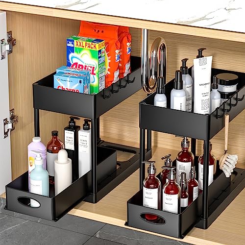 PUILUO 2 Set Under Sink Cabinet Organizer, 2 Tier Storage Under Cabinet Bathroom Under Sink Organizers and Storage Black Under Sink Storage for Bathroom Kitchen - Black 2Pack