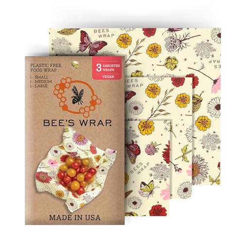 Bee's Wrap Reusable Vegan Alternative to Beeswax Food Wraps, Made in the USA, Eco Friendly Food Wraps, Sustainable Food Storage Containers, Organic Cotton Food Wraps, Assorted 3 Pack (S, M, L), Vegan - Vegan Meadow Magic