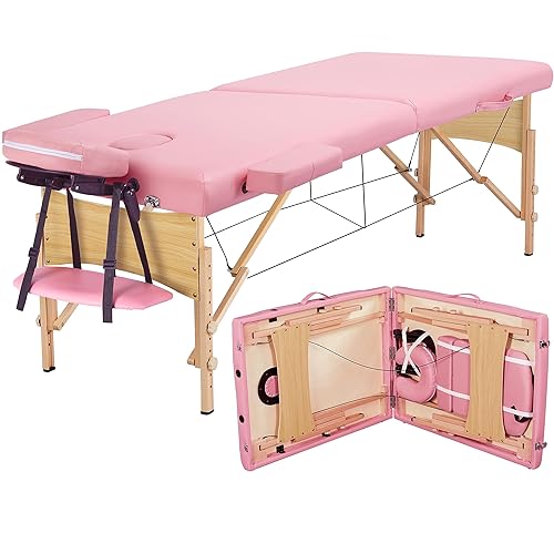 Yaheetech Massage Table Portable Lash Beds Spa Bed Massage Couch Foldable Spa Tables Adjustable 2 Fold with Non-Woven Bag 28 inch, Pink - Pink - 28 inch width