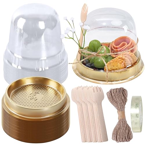 Whaline 100 Sets Disposable Individual Charcuterie Cup Set Clear Plastic Cupcake Container with Mini Wooden Spork Rope for Graduation Dessert Display Charcuterie Grazing Table Catered Event Wedding - 100