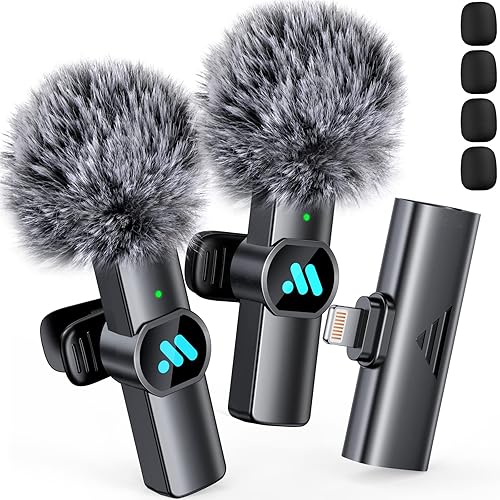 Leettus 2pcs Lavalier Wireless Microphone for iPhone iPad, Wireless Microphone for Video Recording, Game Live Streaming, Interviews, YouTube, TikTok, Vlog(for iPhone 14 and Below) - for Black-lightning