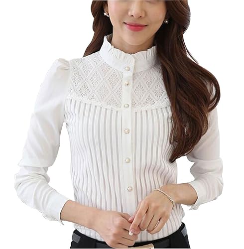 Womens Vintage Victorian Pleated Button Down Shirt Long Sleeve Stretch Blouse - 2 - White