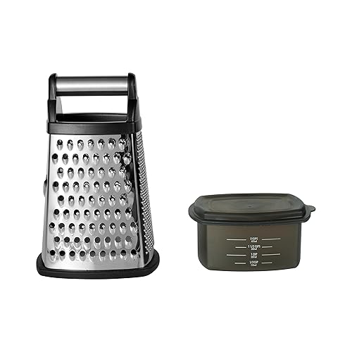 KitchenAid Gourmet 4-Sided Stainless Steel Box Grater for Fine, Medium and Coarse Grate, and Slicing, Detachable 3 Cup Storage Container and Measurment Markings, Dishwasher Safe, 10 inches tall, Black - Black - 10 Inch