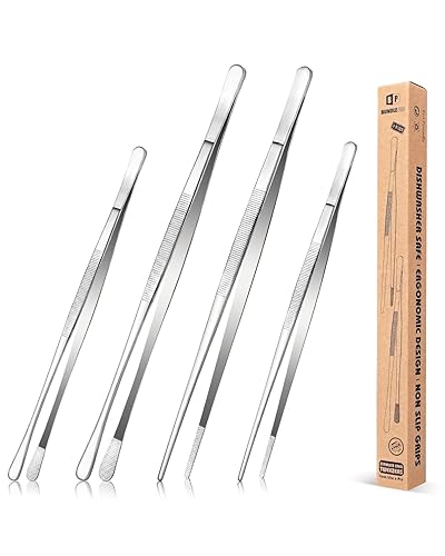 4 Pcs Fine Long Tweezer Tongs Professional Silver, 12'' and 10'' Stainless Steel for Kitchen, Food, Cooking, Repairing, Sea food and BBQ - Silver