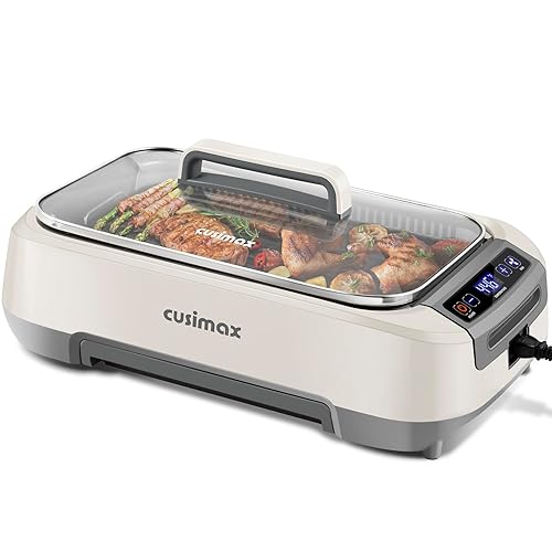 Smokeless Indoor Grill, CUSIMAX Electric Grill, 1500W Korean BBQ Grill with LED Smart Display & Tempered Glass Lid, Non-stick Removable Grill Plate, Turbo Smoke Extractor, White New Model - Indoor Grill - Single Grill Plate