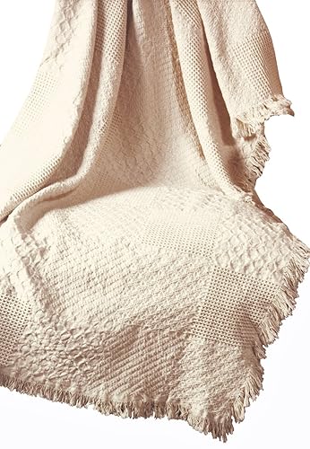 Manual Textured Blocks Fringed Natural 2-Layer Throw, 46 X 60-Inch