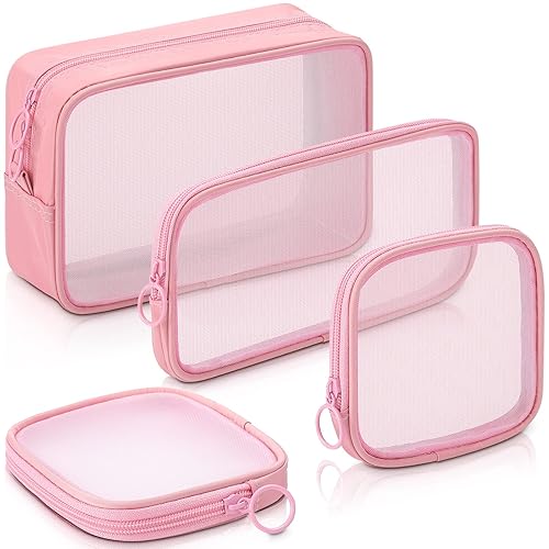 Weewooday 4 Pcs Mesh Makeup Bag Mesh Cosmetic Bag Travel Toiletry Bag Pouch with Zipper Mini Portable Makeup Cosmetic Travel Toiletry Purse Bag for Daily Accessories (Pink,Small, Large, Medium) - Pink - Small, Large, Medium