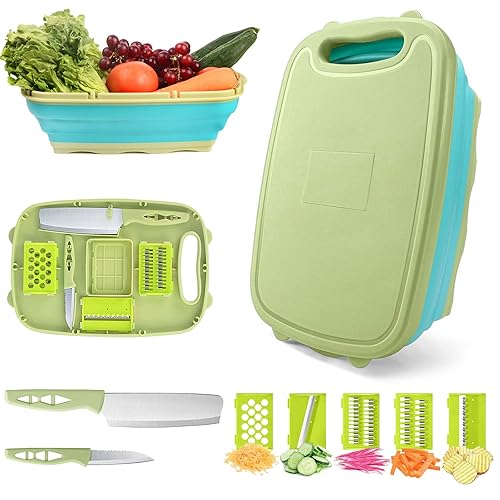 Camping Cutting Board, HI NINGER Collapsible Chopping Board with Colander, 9-In-1 Multi Chopping Board Kitchen Vegetable Washing Basket for Camping,Camping Gifts Camping Accessories for RV Campers - Blue