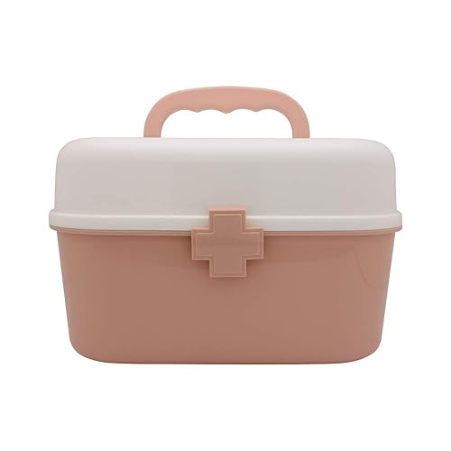 BangQiao Plastic First Aid Storage Box Container Bin with Removable Tray and Portable Handle, Family Emergency Medicine Kit Case Organizer, White&Pink - white&pink