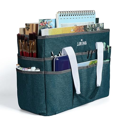 Jjring Craft Organizer Tote Bag, Large Art Storage Caddy with Multiple Pockets, Bluish Green Sewing Bag for Art, Craft, Scrapbooking, School, Medical, and Office Supplies Storage - Bluish Green - Large