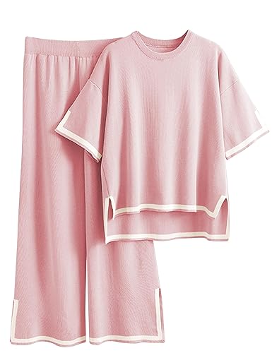 Tanming Sweater Sets Women 2 Piece Lounge Sets Short Sleeve Knit Pullover Tops Wide Leg Pants - Small - Pink
