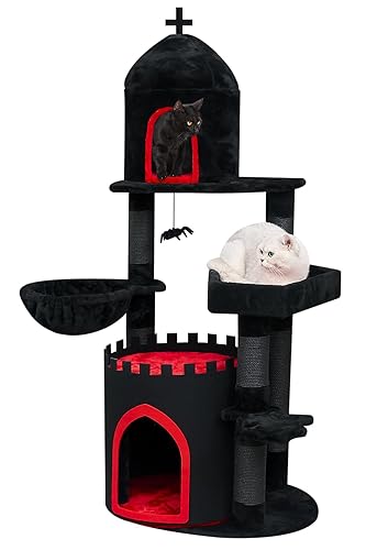 YARUOMY Gothic Cat Tree Castle, 56in Black Cat Tower with Coffin Cat Bed, Spacious Cat Condo for Halloween Cat, Kraft Twine Scratching Posts, Spider Hanging Ball,Goth Pet Furniture - 56in