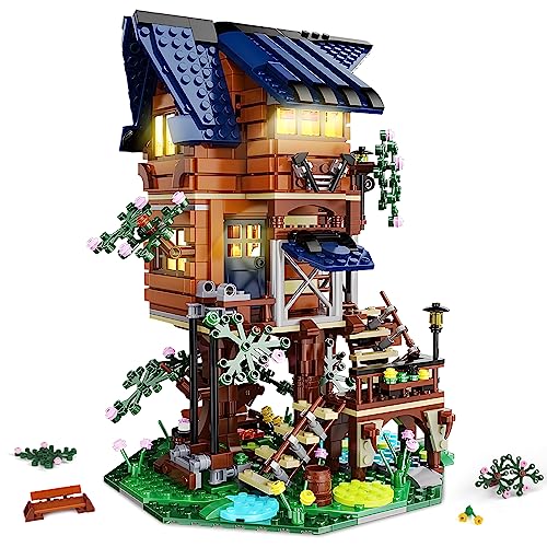 URGEAR Bausteine für Baumhaus Set mit LED-Licht, 4 Jahreszeitenwechsel in 1 Set, Kreatives DIY-Konstruktionsspielzeug Kit und Sammler Display Geschenk für Kinder und Erwachsene zum Bauen (1155 Teile) - Baumhaus Set