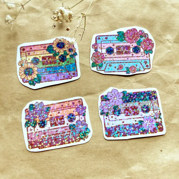 LGBTQIA+ Glitter Retro Pride Cassette Tape Stickers