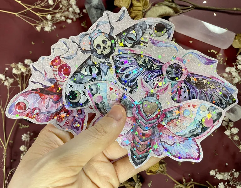 Holographic Magical Moth sticker pack. Fantasy Butterflies sticker set. Laptop Gadget handmade stickers. Waterproof set of 4 XL stickers.