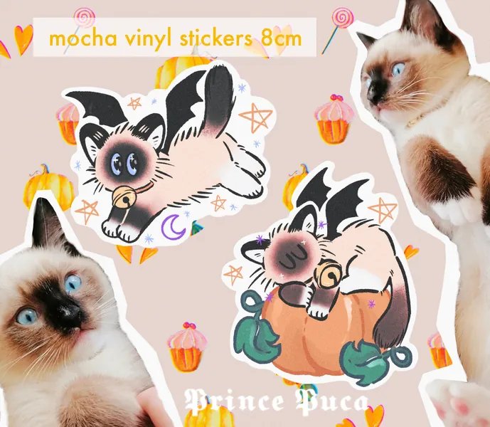 Mocha the Cat vinyl Halloween stickers 8cm