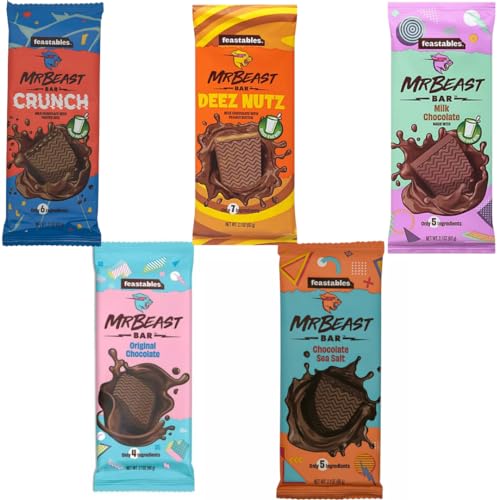 Feastables Mr Beast Chocolate Bars – NEW Deez Nuts Peanut Butter Crunch Chocolate, Milk Chocolate, Original Chocolate, Milk Chocolate, Sea Salt Chocolate Bars (5 Pack)