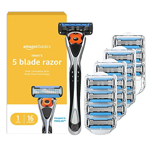 Amazon Basics 5-Blade MotionSphere Razor for Men with Dual Lubrication and Precision Trimmer, Handle & 16 Cartridges, Cartridges fit, Razor Handles only, 17 Piece Set, Black - Handle + 16 Refills (Razor)