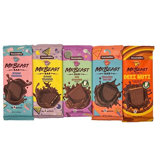 Feastables Mr Beast Chocolate Bars – NEW Deez Nuts Peanut Butter Milk Chocolate, Original Dark, Milk Chocolate, Sea Salt and Almond Chocolate Bars (5 Pack)