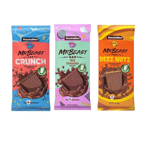 Feastables Mr Beast Chocolate Bars – NEW Deez Nuts Peanut Butter, New Crunch and Milk Chocolate (3 pack)