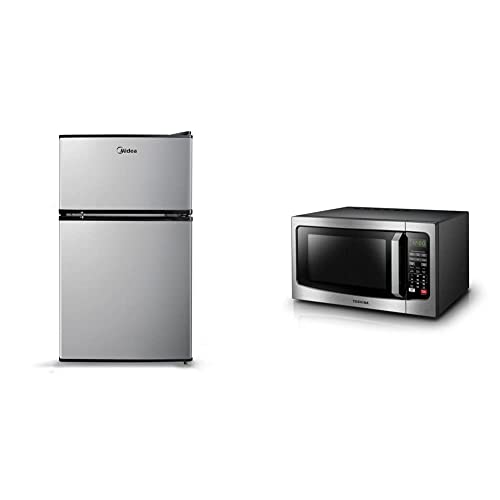 Midea WHD-113FSS1 Compact Refrigerator, 3.1 cu ft, Stainless Steel & TOSHIBA EM131A5C-SS Countertop Microwave Oven, 1.2 Cu Ft with 12.4" Turntable, Smart Humidity Sensor with 12 Auto Menus - Stainless Steel - Double Door - Refrigerator + Microwave
