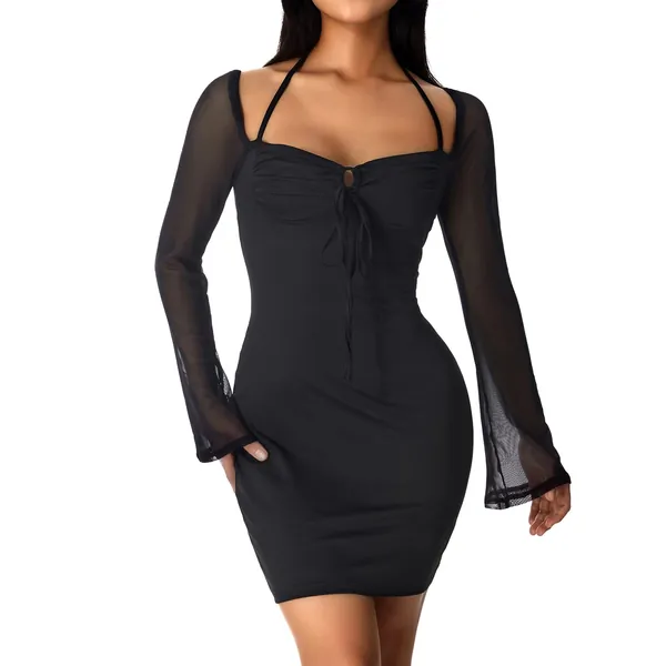 Women Sexy Halter Floral Mini Dress Long Flared Sleeve Low Cut Bodycon Party Dress Lace Up Backless Ruched Club Dress