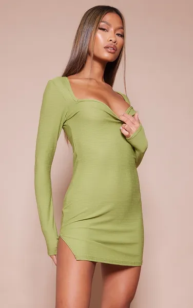  Olive Square Neck Long Sleeve Bodycon Dress