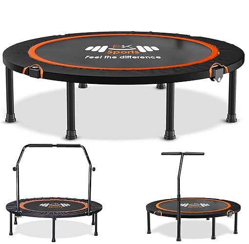 FK Sports Foldable Fitness Mini Trampoline Rebounder, 48" and 40" Foldable Mini Trampoline with T or U Bar Handle, Round Mini Fitness indoor Trampoline - 40" with T bar Handle