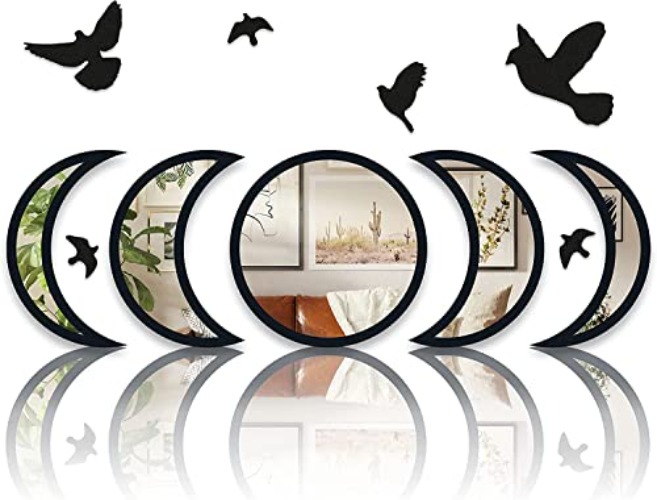 NESHE Moon Phase Mirror Set with Birds | Scandinavian Natural Home Boho Wall Decor | Aesthetic Witchy Bohemian Indoor Gothic Art Decorations for Living Room (Black) - Black