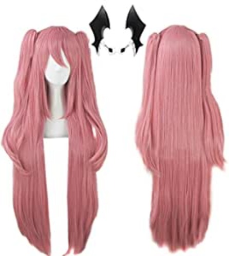 Anogol Long Pink Wig 3PCS Set {1 set*Headwear+1*Hair Cap+1*Wig } For Anime Cosplay Wigs Hair Clip On Ponytails Synthetic Wavy Wig For Vampire Cosplay For Women Girls Men Boys Dress Up Wig For Anime Cartoon Costume Party Wig For Halloween Wig For Christmas Wig