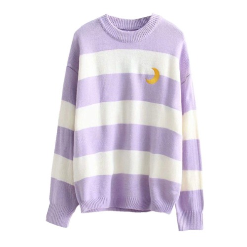 Packitcute Striped Knitted Sweater, Long Sleeve Moon Embroidery Cute Sweaters for Women - Light Purple