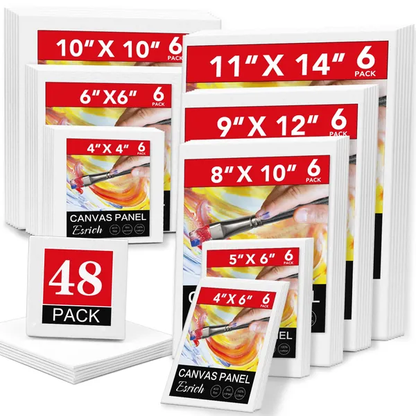 ESRICH Canvases for Painting Blank Cotton Canvas Boards 48Pack with 8Size 4*4",4*6",5*6",6*6",8*10",10*10",9*12", 11*14"，6 of Each, Painting Canvas for Oil & Acrylic Paint - 48PCS Canvases for Painting