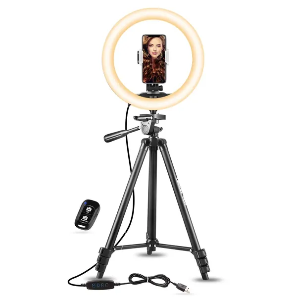 UBeesize 10" Selfie Ring Light with 50" Extendable Tripod Stand & Phone Holder for Live Stream/Makeup/YouTube Video - Tripod Stand
