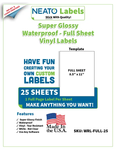 Printable Vinyl Waterproof Sticker Paper for Inkjet and Laser Printer - 25 White Full Sheet Super Glossy Craft Labels - Strong Adhesive - Tear Resistant - Made in The USA - Design Software Included - 