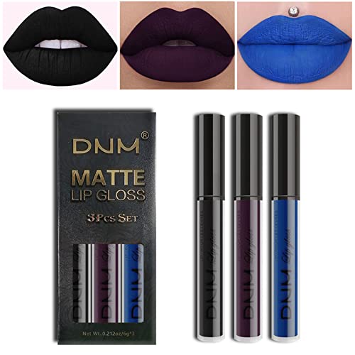 3Pcs Dark Black Blue Purple Matte Liquid Lipstick Lip Stain Lip Gloss Makeup Set,DNM Non Stick Cup Long Lasting Smudge Proof Waterproof Lipstick labial mate larga duracion 24 (Set07) - Set 07