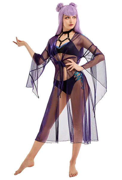 Evelynn Derivative Two-Piece Swimsuit Sexy Swimming Suit Bathing Suit with Open Front Reflective Tulle Lace-up Beach Cover-up