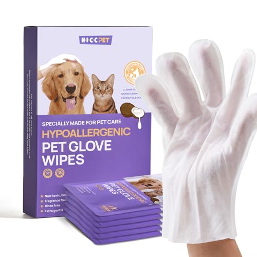 HICC PET Cleaning Deodorizing Bathing Wipes for Dogs and Cats, Hypoallergenic Dogs Grooming Wipes, Coconut Oil Nourish Fur, Cat Cleaning Gloves Wipes for Daily Care and Traveling - Unscented - Unscented - 6 PCS